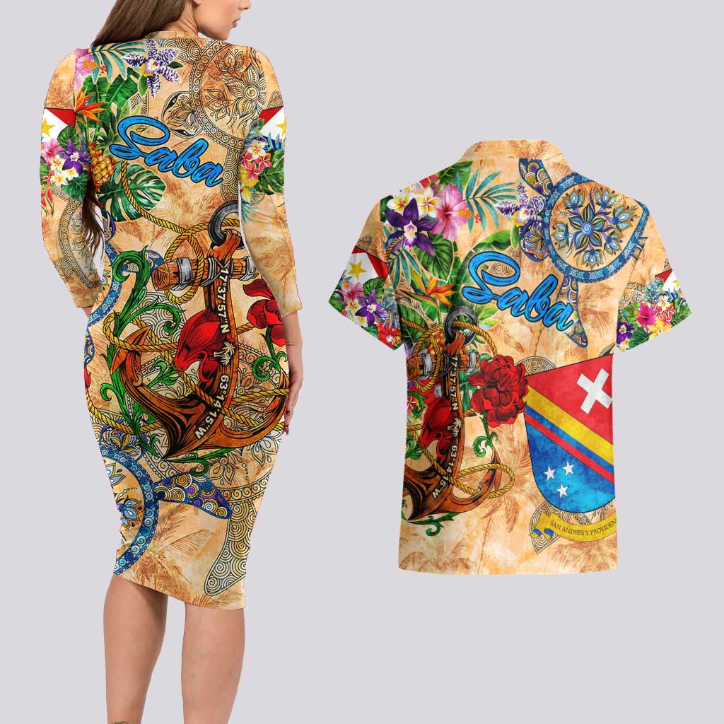 Saba Couples Matching Long Sleeve Bodycon Dress and Hawaiian Shirt Geographic Coordinate Anchor - Turlte Tropical