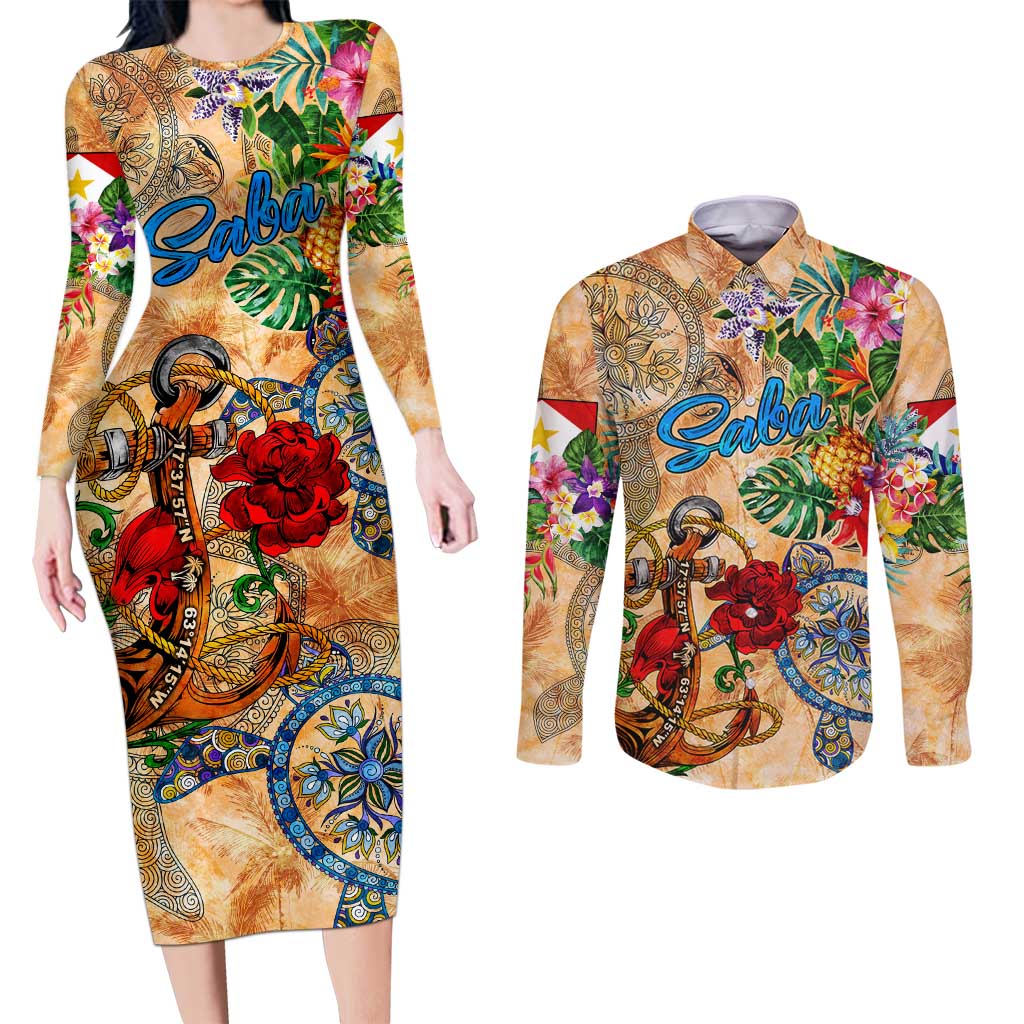 Saba Couples Matching Long Sleeve Bodycon Dress and Long Sleeve Button Shirt Geographic Coordinate Anchor - Turlte Tropical