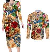 Saba Couples Matching Long Sleeve Bodycon Dress and Long Sleeve Button Shirt Geographic Coordinate Anchor - Turlte Tropical