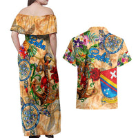 Saba Couples Matching Off Shoulder Maxi Dress and Hawaiian Shirt Geographic Coordinate Anchor - Turlte Tropical