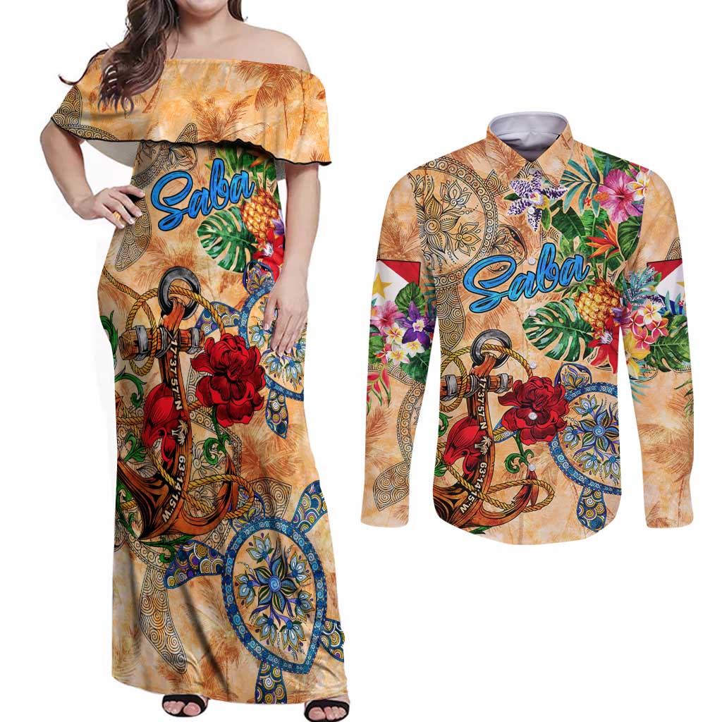 Saba Couples Matching Off Shoulder Maxi Dress and Long Sleeve Button Shirt Geographic Coordinate Anchor - Turlte Tropical