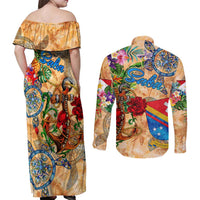 Saba Couples Matching Off Shoulder Maxi Dress and Long Sleeve Button Shirt Geographic Coordinate Anchor - Turlte Tropical
