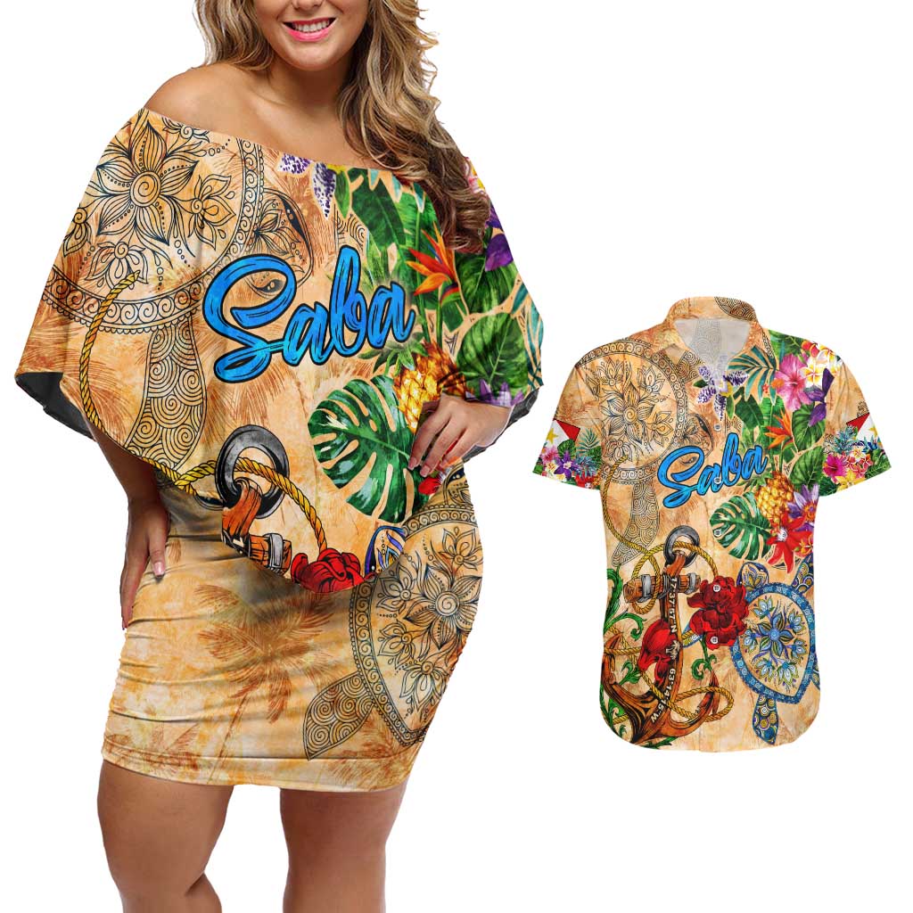 Saba Couples Matching Off Shoulder Short Dress and Hawaiian Shirt Geographic Coordinate Anchor - Turlte Tropical