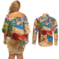 Saba Couples Matching Off Shoulder Short Dress and Long Sleeve Button Shirt Geographic Coordinate Anchor - Turlte Tropical