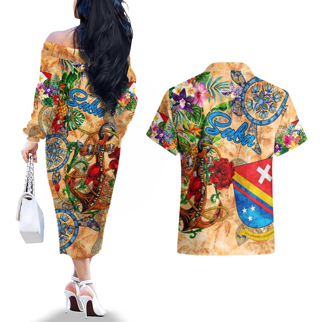 Saba Couples Matching Off The Shoulder Long Sleeve Dress and Hawaiian Shirt Geographic Coordinate Anchor - Turlte Tropical