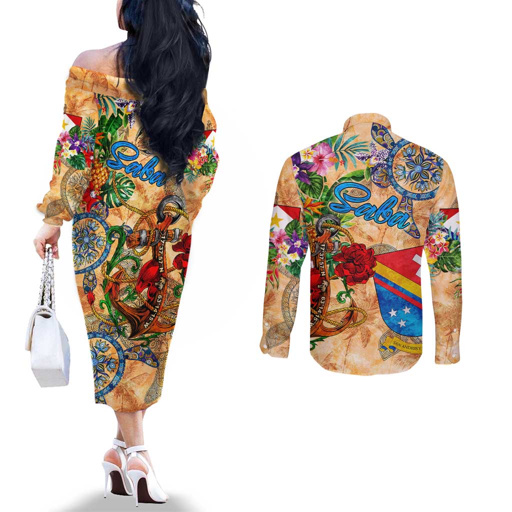 Saba Couples Matching Off The Shoulder Long Sleeve Dress and Long Sleeve Button Shirt Geographic Coordinate Anchor - Turlte Tropical