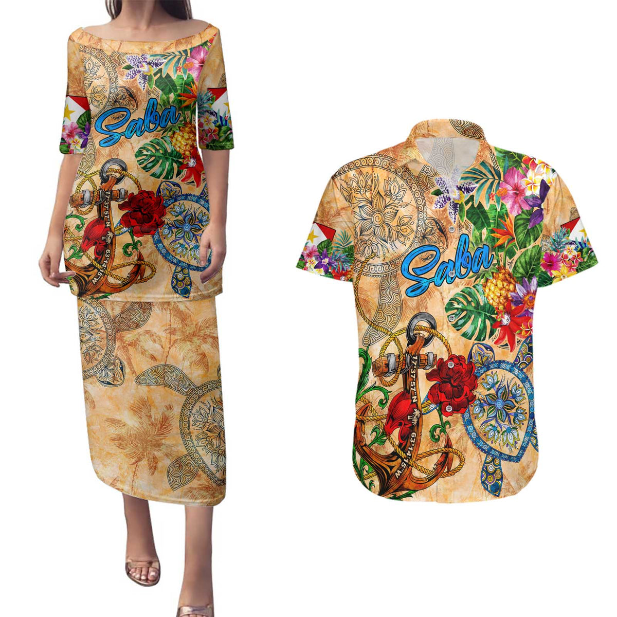 Saba Couples Matching Puletasi and Hawaiian Shirt Geographic Coordinate Anchor - Turlte Tropical