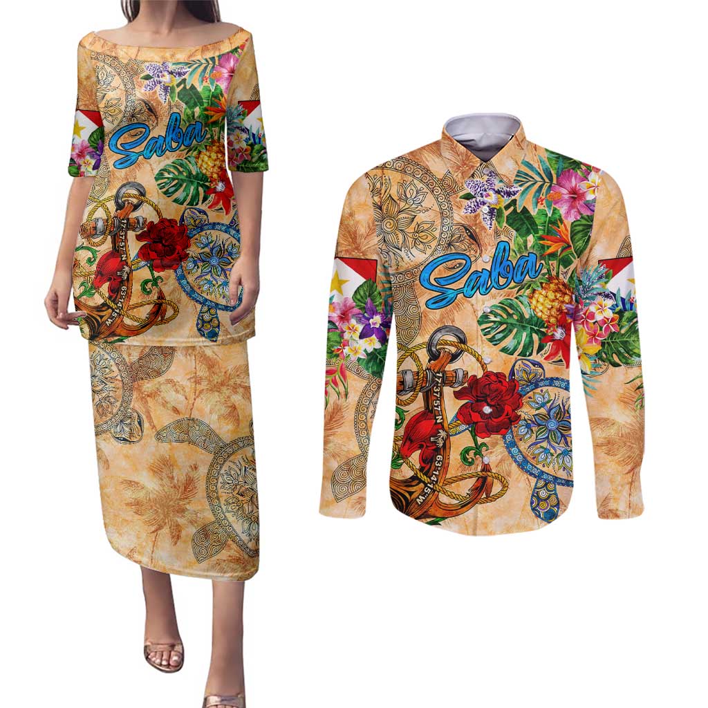 Saba Couples Matching Puletasi and Long Sleeve Button Shirt Geographic Coordinate Anchor - Turlte Tropical