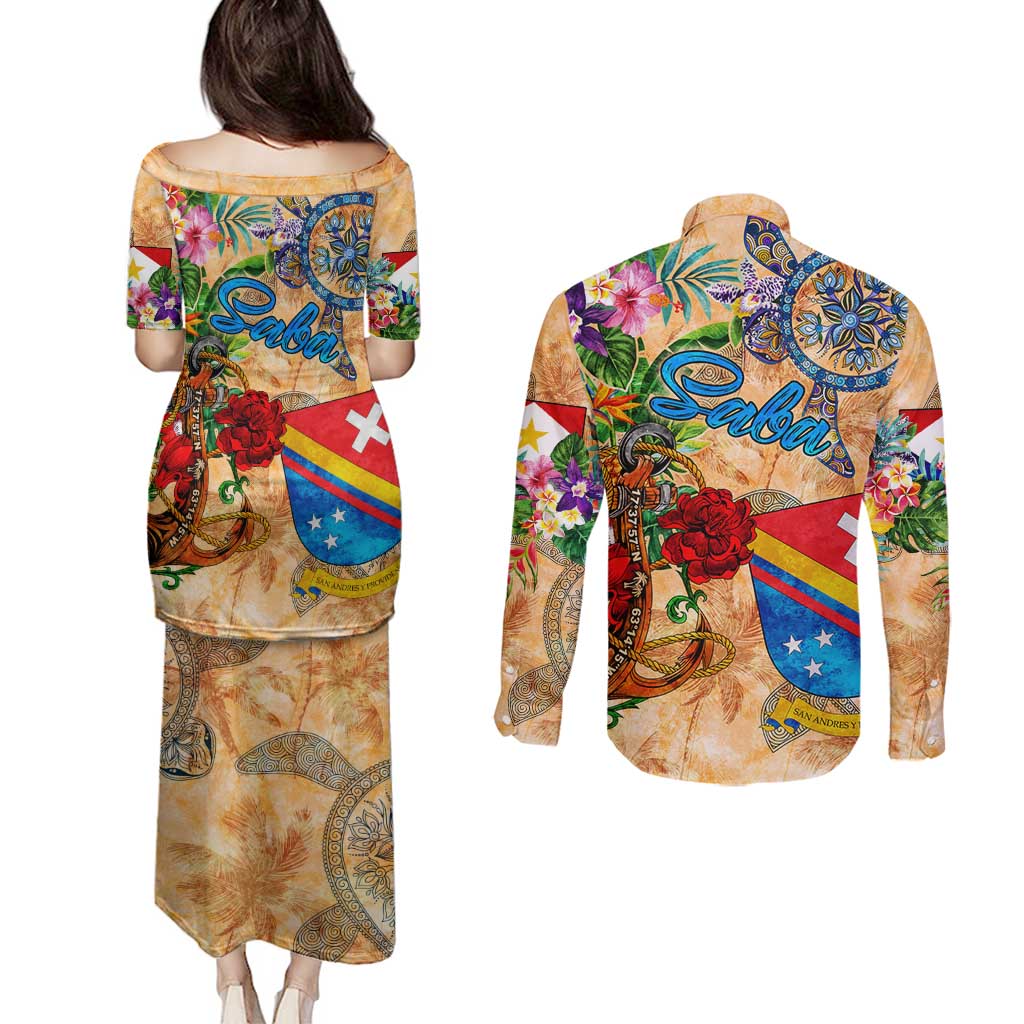 Saba Couples Matching Puletasi and Long Sleeve Button Shirt Geographic Coordinate Anchor - Turlte Tropical