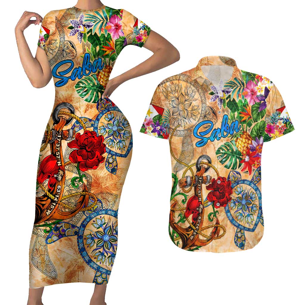 Saba Couples Matching Short Sleeve Bodycon Dress and Hawaiian Shirt Geographic Coordinate Anchor - Turlte Tropical