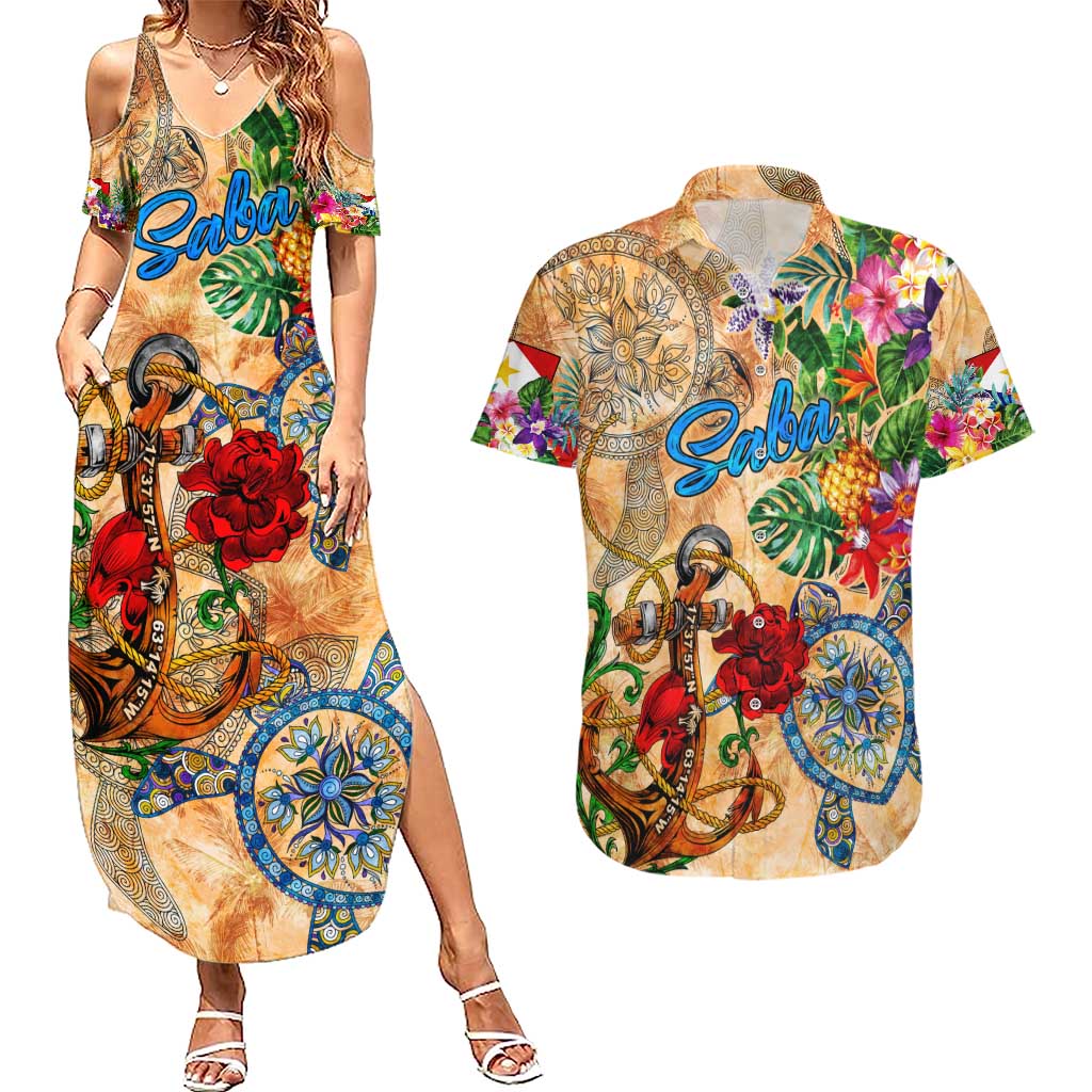 Saba Couples Matching Summer Maxi Dress and Hawaiian Shirt Geographic Coordinate Anchor - Turlte Tropical