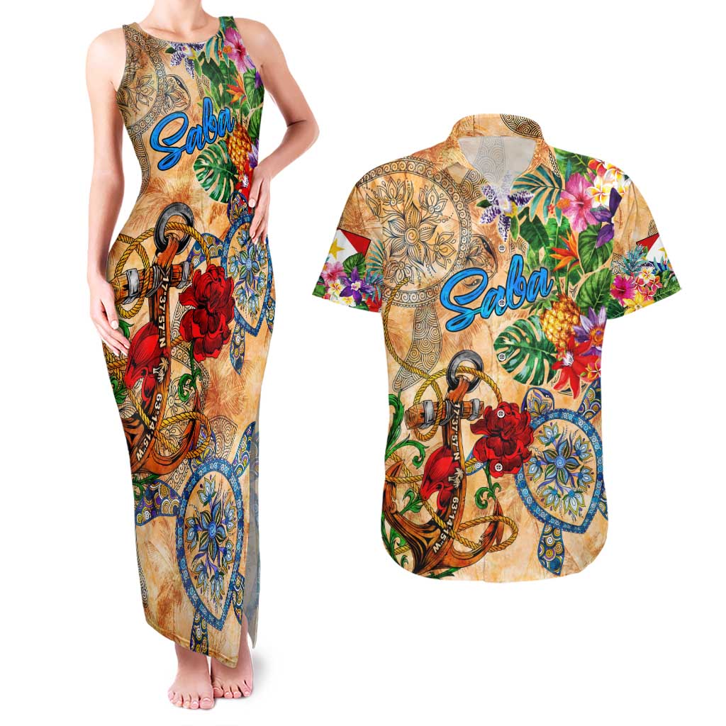 Saba Couples Matching Tank Maxi Dress and Hawaiian Shirt Geographic Coordinate Anchor - Turlte Tropical