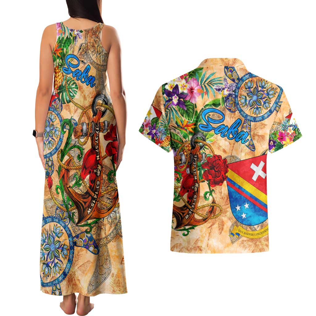 Saba Couples Matching Tank Maxi Dress and Hawaiian Shirt Geographic Coordinate Anchor - Turlte Tropical
