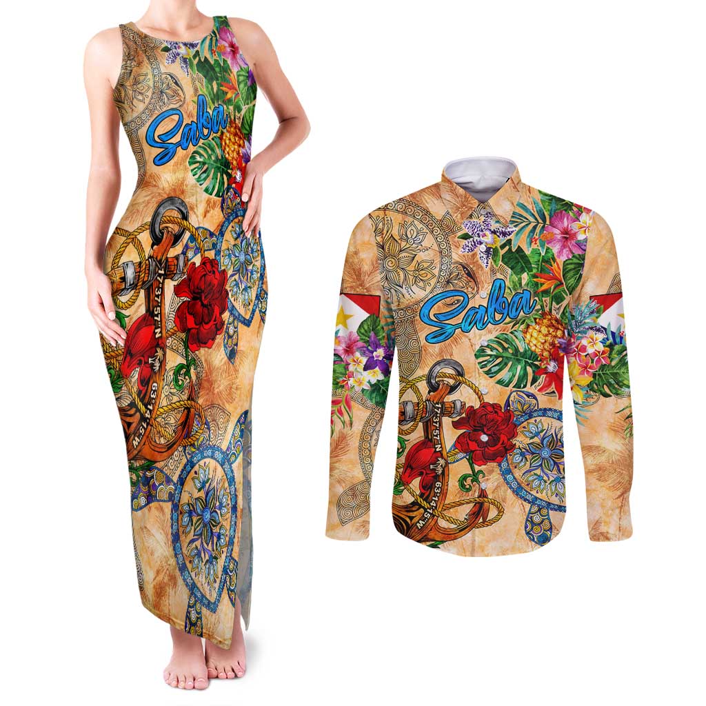 Saba Couples Matching Tank Maxi Dress and Long Sleeve Button Shirt Geographic Coordinate Anchor - Turlte Tropical
