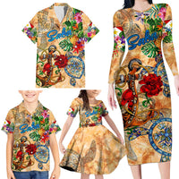 Saba Family Matching Long Sleeve Bodycon Dress and Hawaiian Shirt Geographic Coordinate Anchor - Turlte Tropical