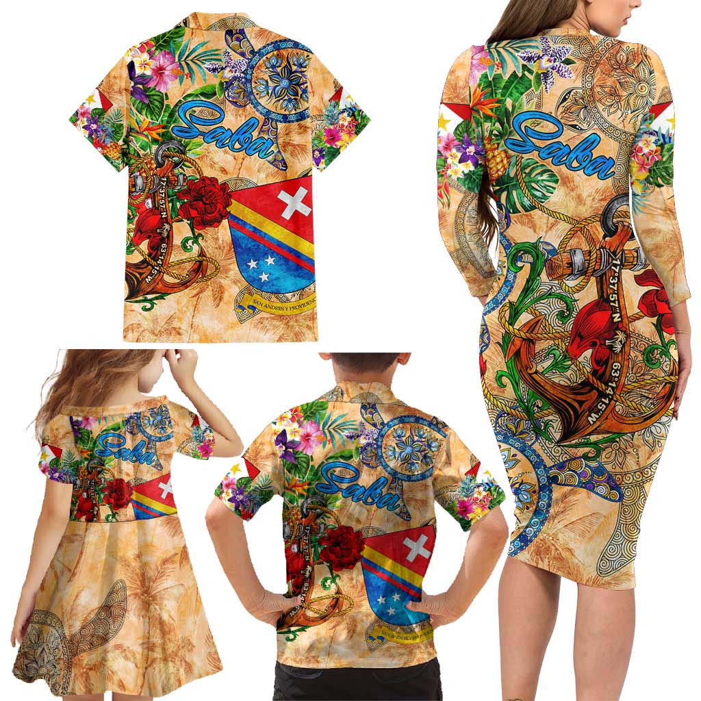 Saba Family Matching Long Sleeve Bodycon Dress and Hawaiian Shirt Geographic Coordinate Anchor - Turlte Tropical