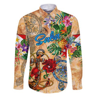 Saba Family Matching Long Sleeve Bodycon Dress and Hawaiian Shirt Geographic Coordinate Anchor - Turlte Tropical