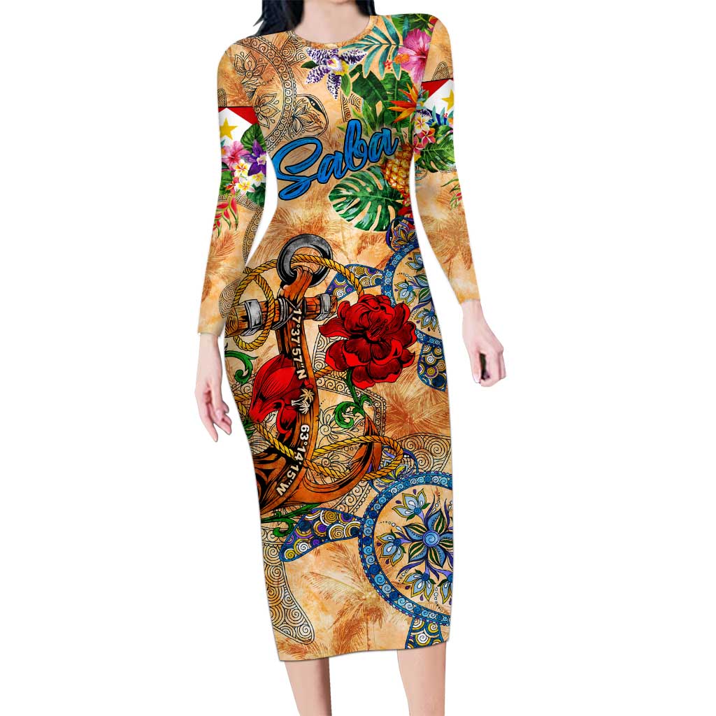 Saba Family Matching Long Sleeve Bodycon Dress and Hawaiian Shirt Geographic Coordinate Anchor - Turlte Tropical