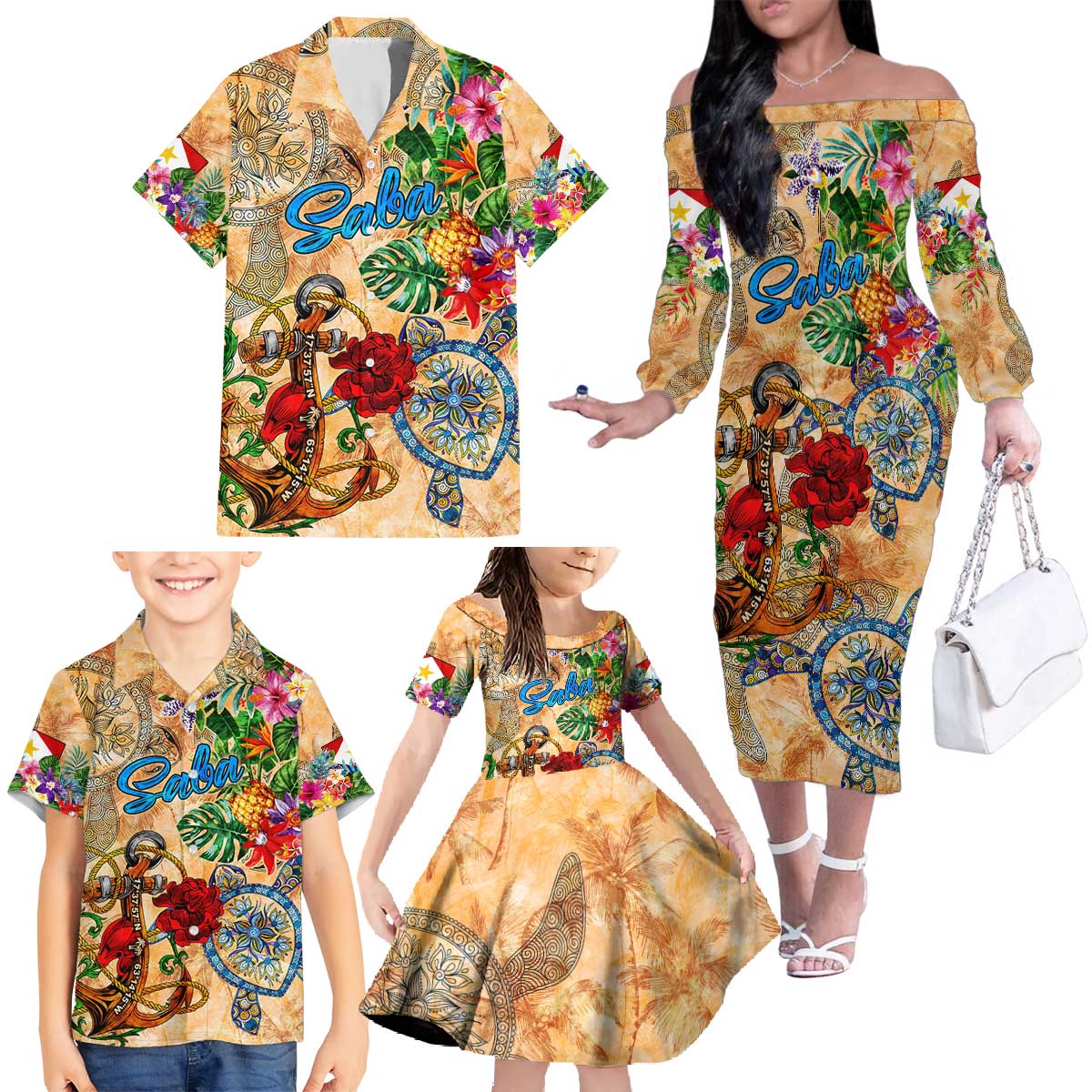 Saba Family Matching Off The Shoulder Long Sleeve Dress and Hawaiian Shirt Geographic Coordinate Anchor - Turlte Tropical