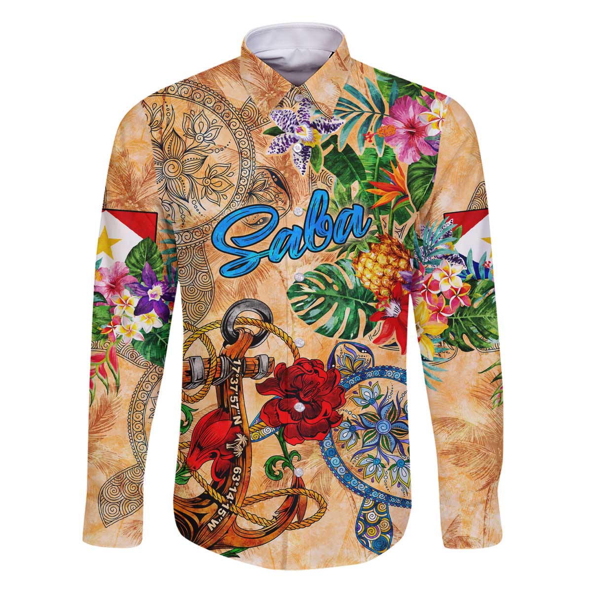 Saba Family Matching Off The Shoulder Long Sleeve Dress and Hawaiian Shirt Geographic Coordinate Anchor - Turlte Tropical