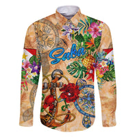 Saba Family Matching Off The Shoulder Long Sleeve Dress and Hawaiian Shirt Geographic Coordinate Anchor - Turlte Tropical