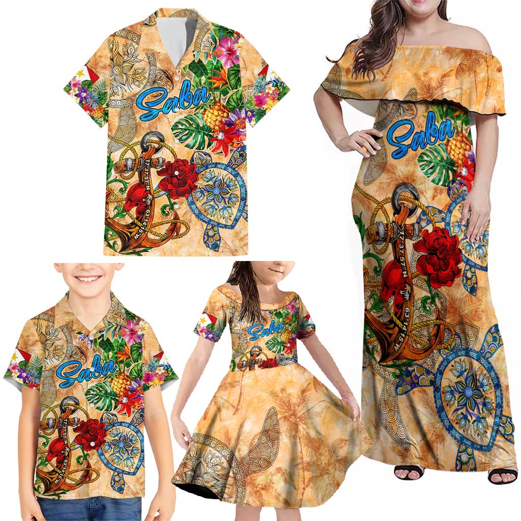 Saba Family Matching Off Shoulder Maxi Dress and Hawaiian Shirt Geographic Coordinate Anchor - Turlte Tropical