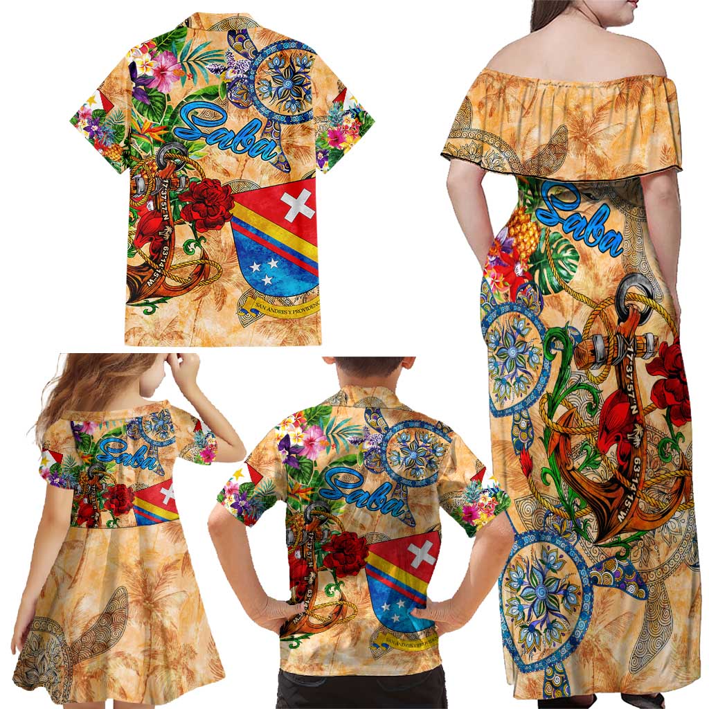 Saba Family Matching Off Shoulder Maxi Dress and Hawaiian Shirt Geographic Coordinate Anchor - Turlte Tropical