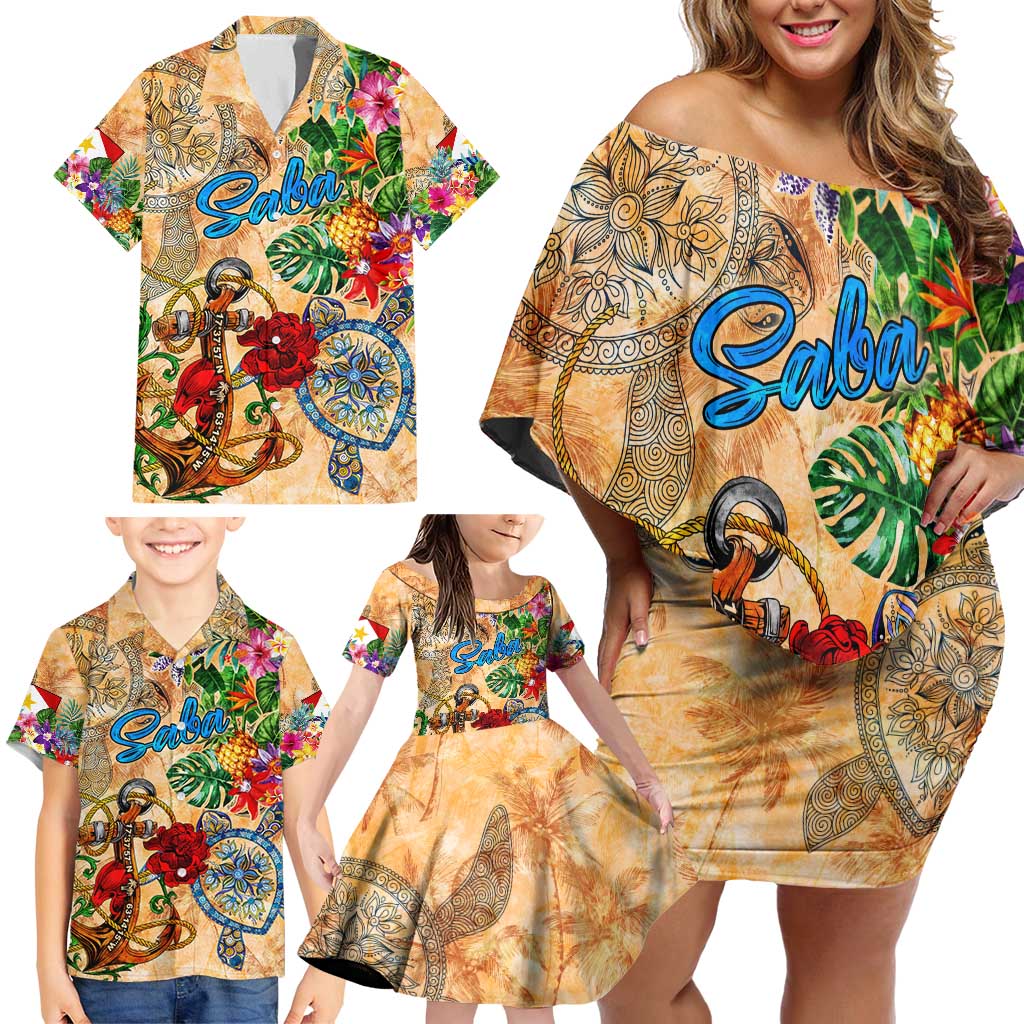 Saba Family Matching Off Shoulder Short Dress and Hawaiian Shirt Geographic Coordinate Anchor - Turlte Tropical