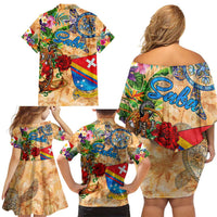 Saba Family Matching Off Shoulder Short Dress and Hawaiian Shirt Geographic Coordinate Anchor - Turlte Tropical
