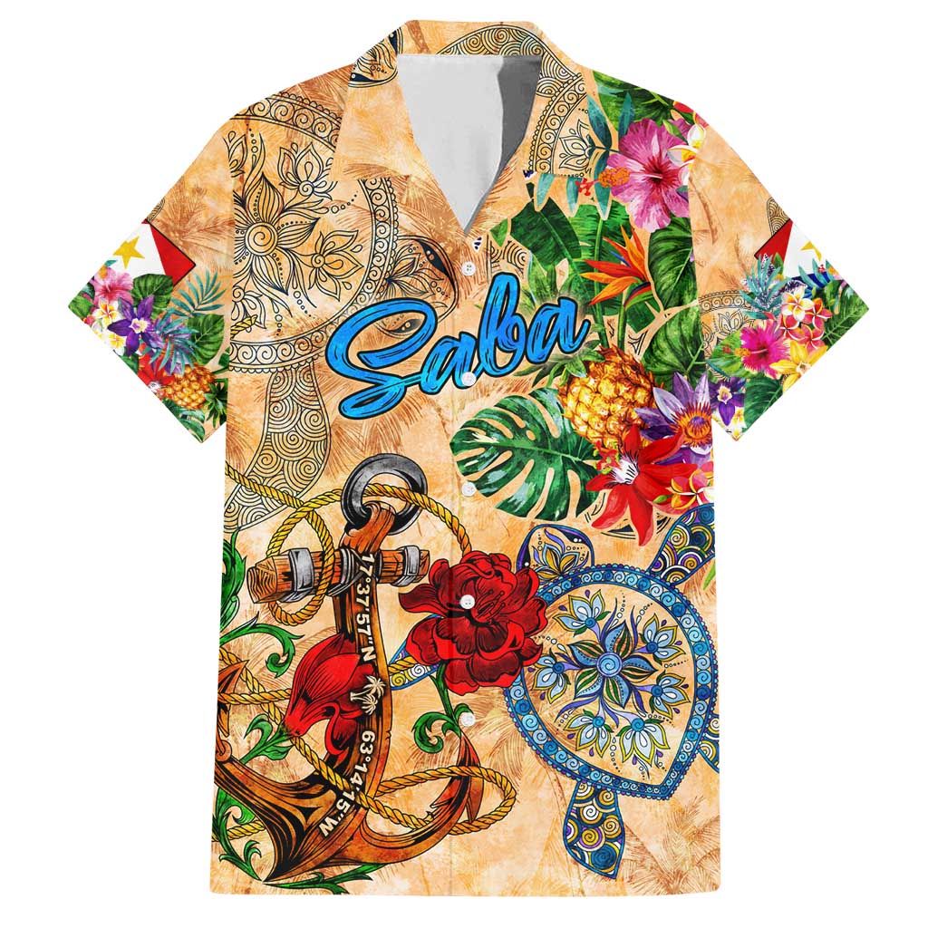 Saba Family Matching Off Shoulder Short Dress and Hawaiian Shirt Geographic Coordinate Anchor - Turlte Tropical