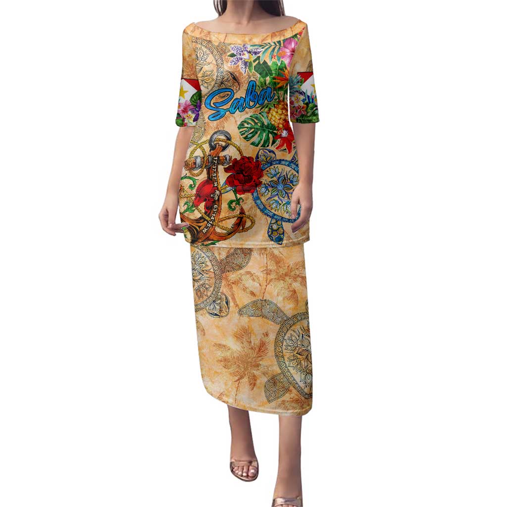 Saba Family Matching Puletasi and Hawaiian Shirt Geographic Coordinate Anchor - Turlte Tropical