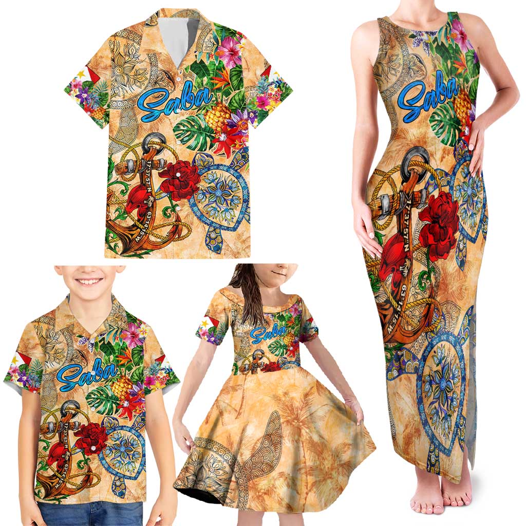 Saba Family Matching Tank Maxi Dress and Hawaiian Shirt Geographic Coordinate Anchor - Turlte Tropical