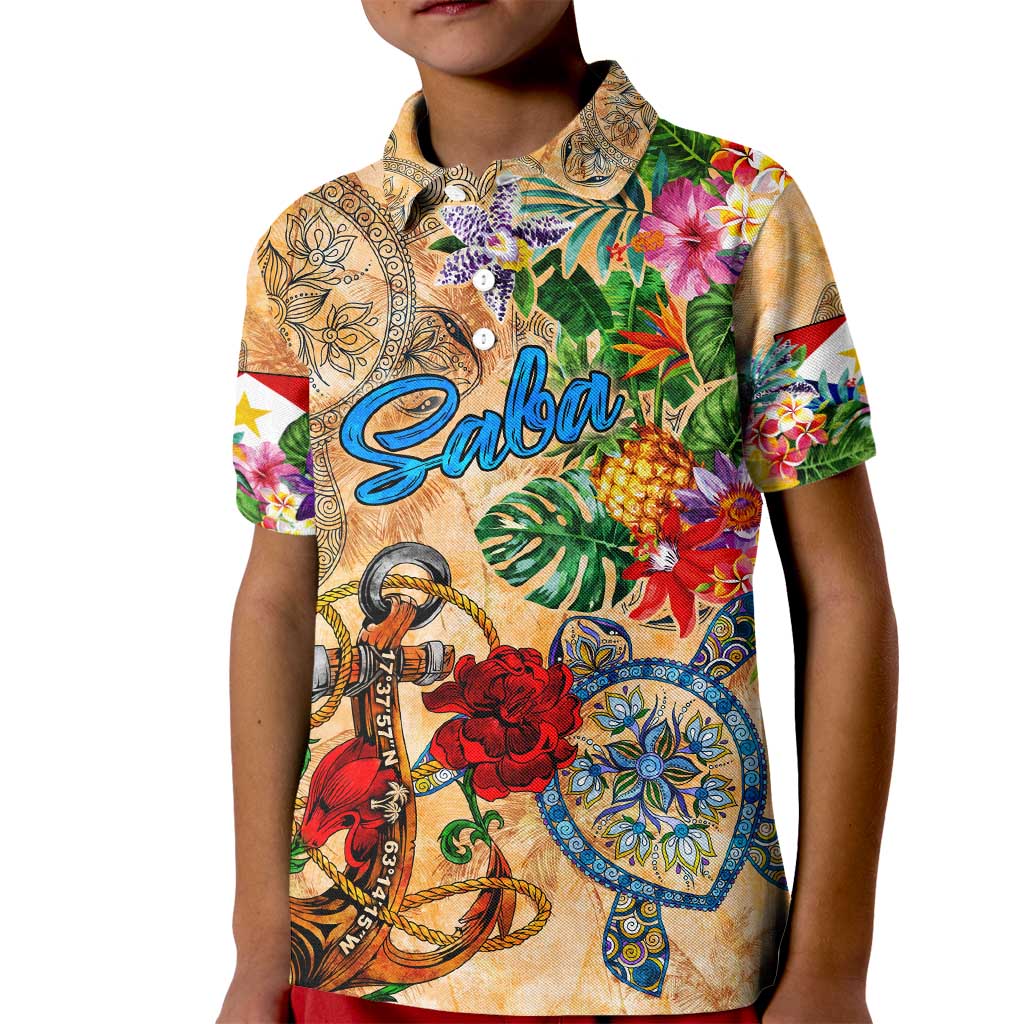 Saba Kid Polo Shirt Geographic Coordinate Anchor - Turlte Tropical