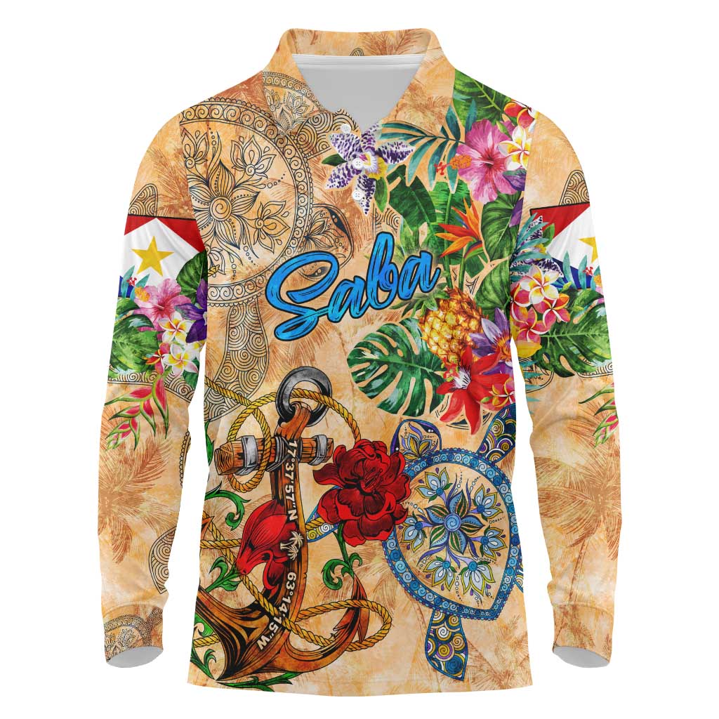Saba Long Sleeve Polo Shirt Geographic Coordinate Anchor - Turlte Tropical