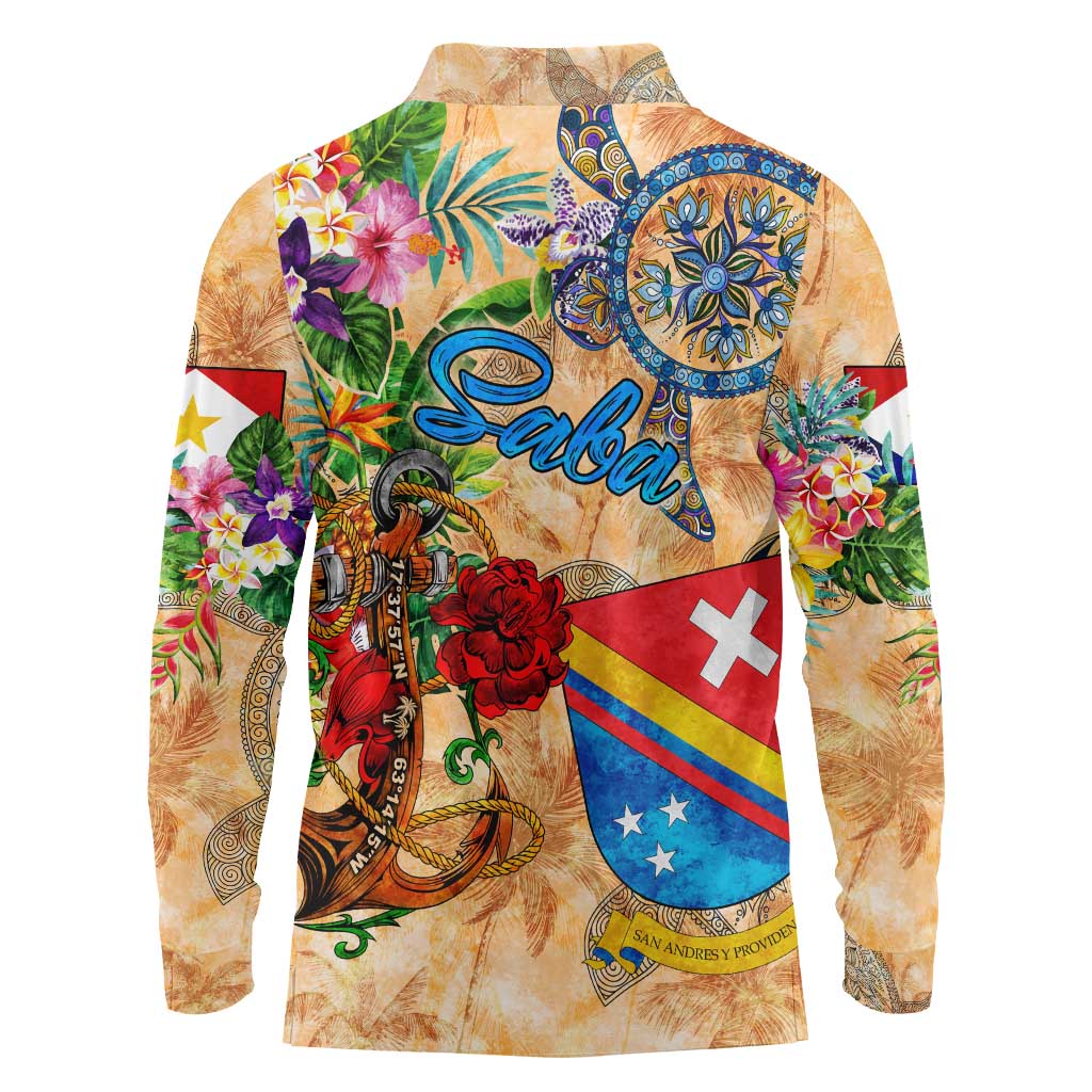 Saba Long Sleeve Polo Shirt Geographic Coordinate Anchor - Turlte Tropical