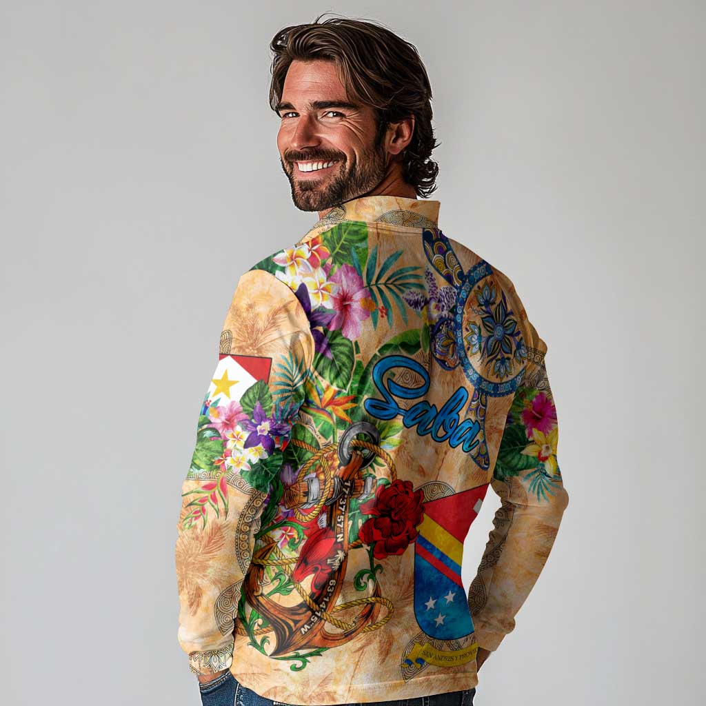 Saba Long Sleeve Polo Shirt Geographic Coordinate Anchor - Turlte Tropical