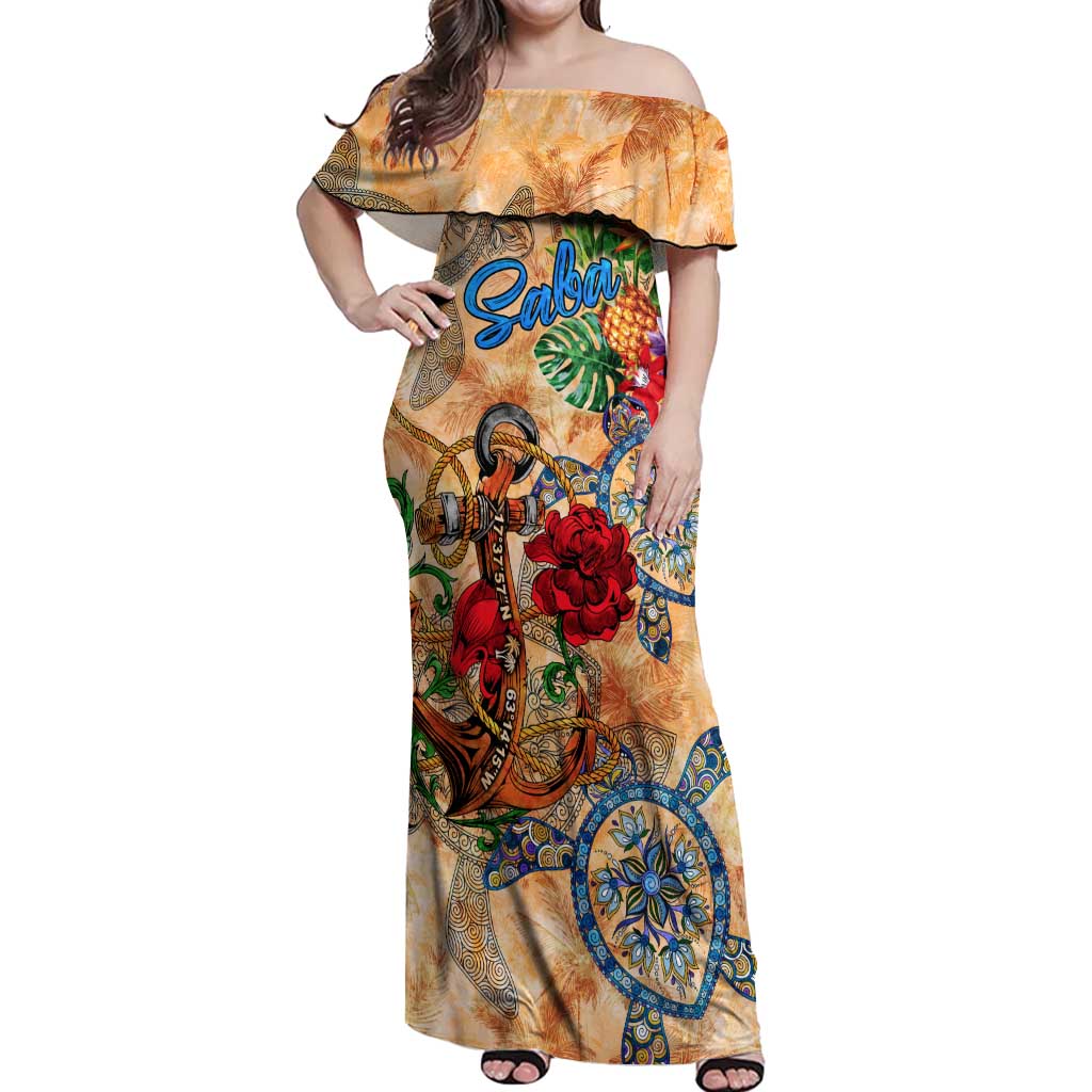Saba Off Shoulder Maxi Dress Geographic Coordinate Anchor - Turlte Tropical