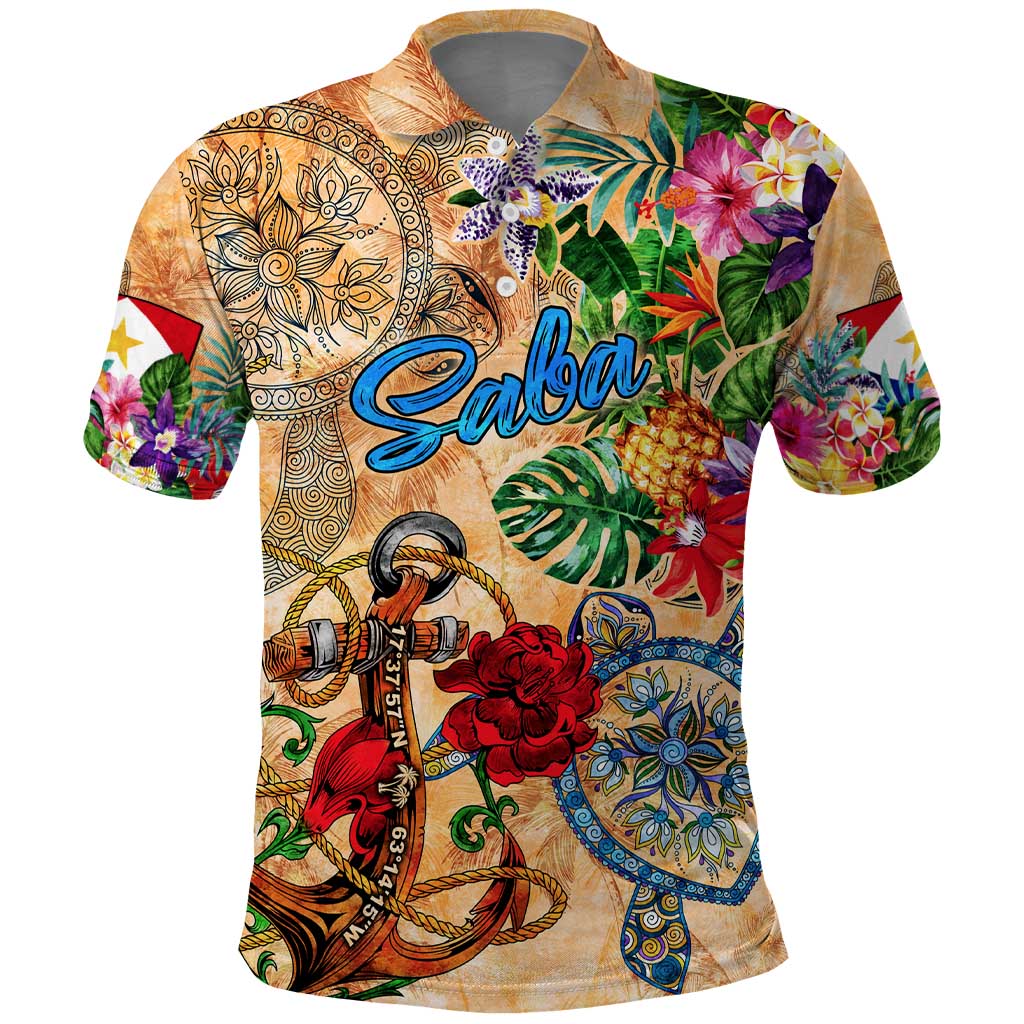 Saba Polo Shirt Geographic Coordinate Anchor - Turlte Tropical