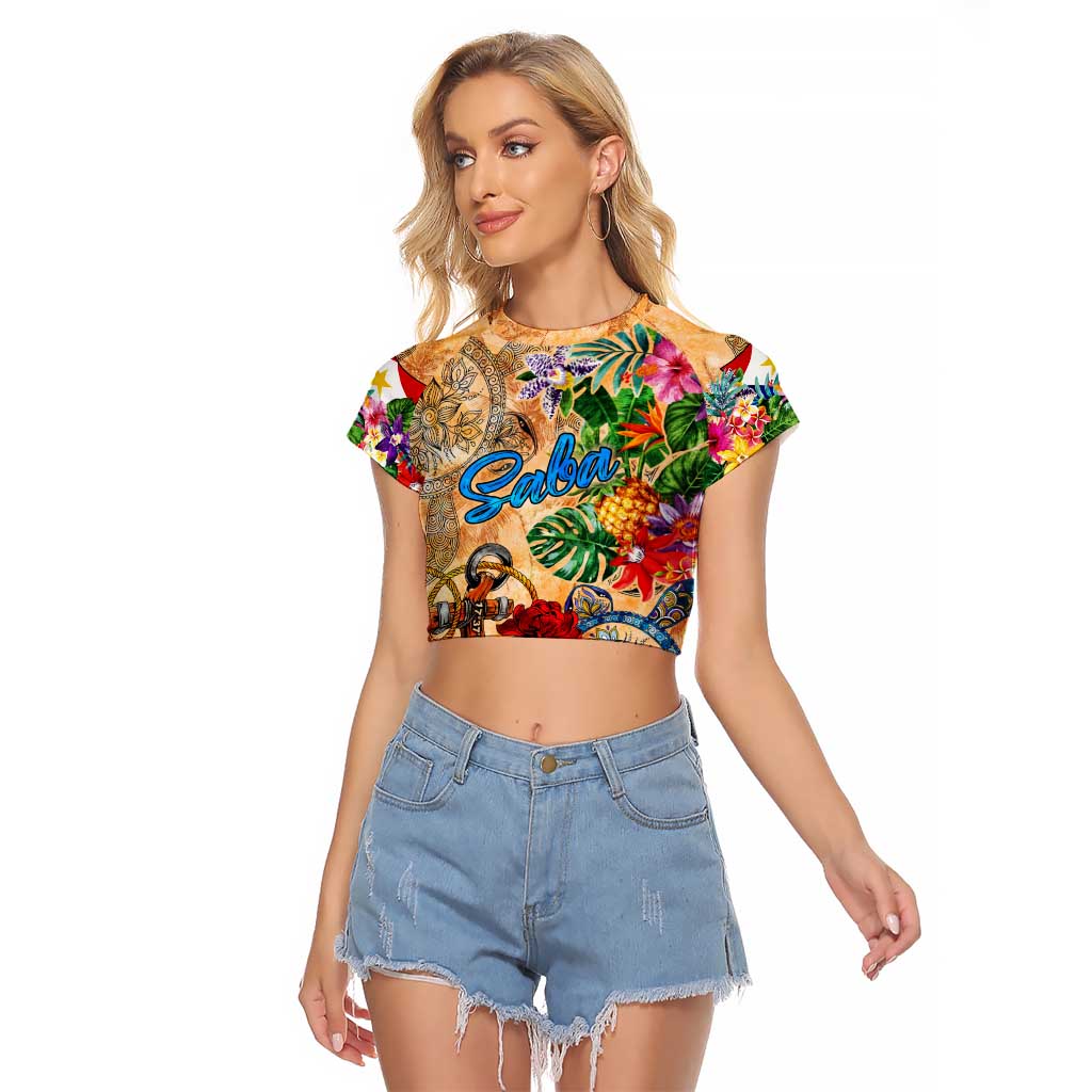Saba Raglan Cropped T Shirt Geographic Coordinate Anchor - Turlte Tropical