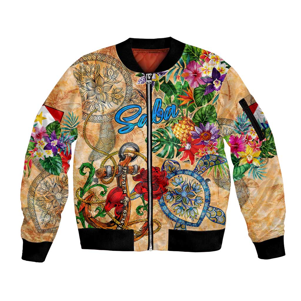 Saba Sleeve Zip Bomber Jacket Geographic Coordinate Anchor - Turlte Tropical