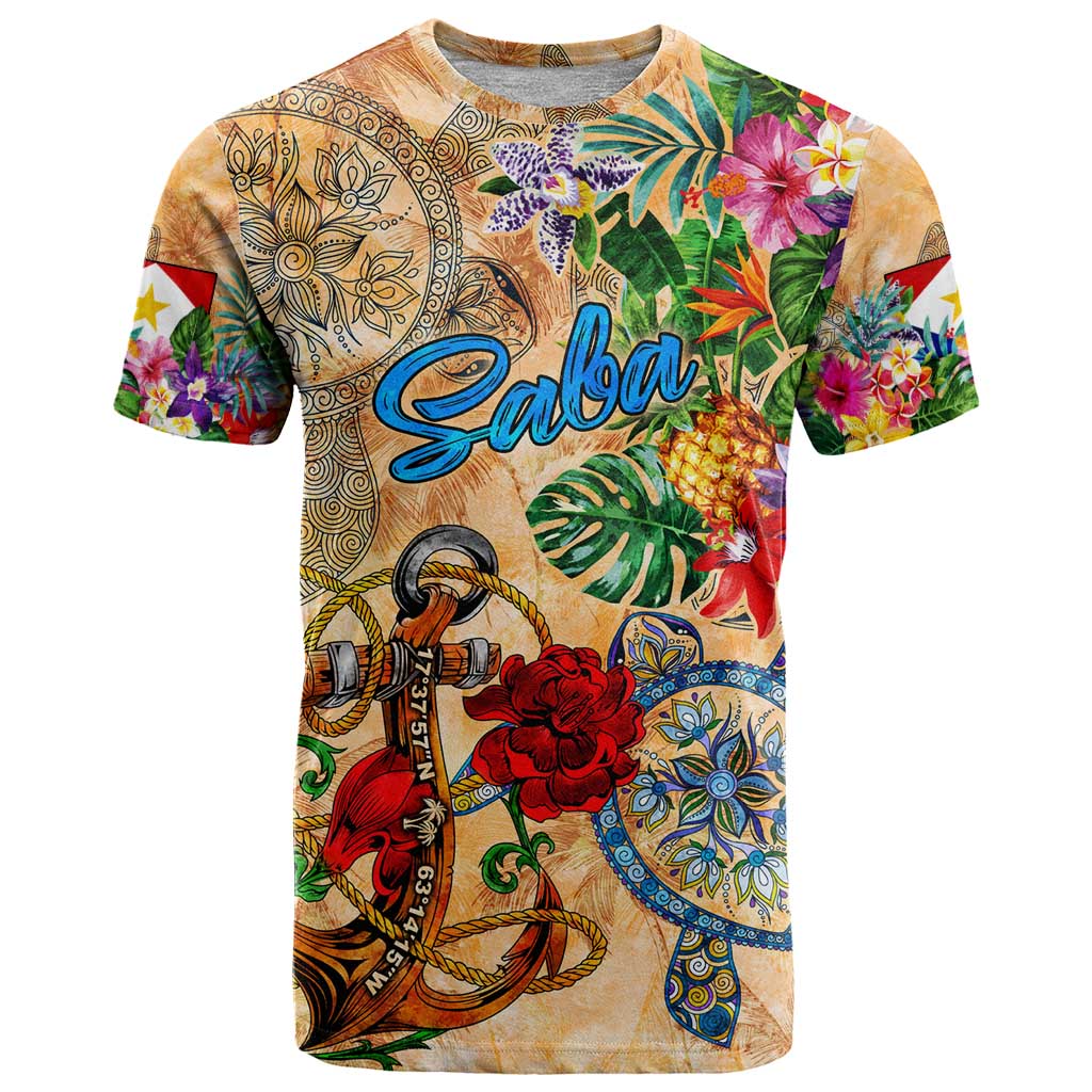 Saba T Shirt Geographic Coordinate Anchor - Turlte Tropical