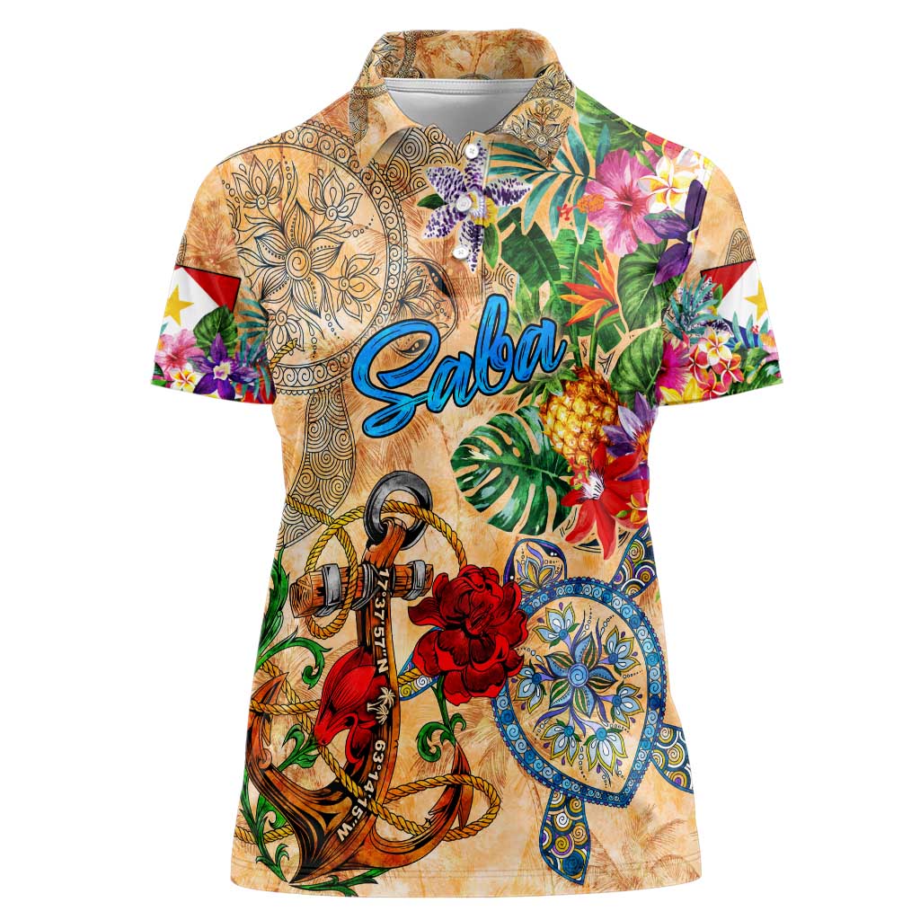 Saba Women Polo Shirt Geographic Coordinate Anchor - Turlte Tropical
