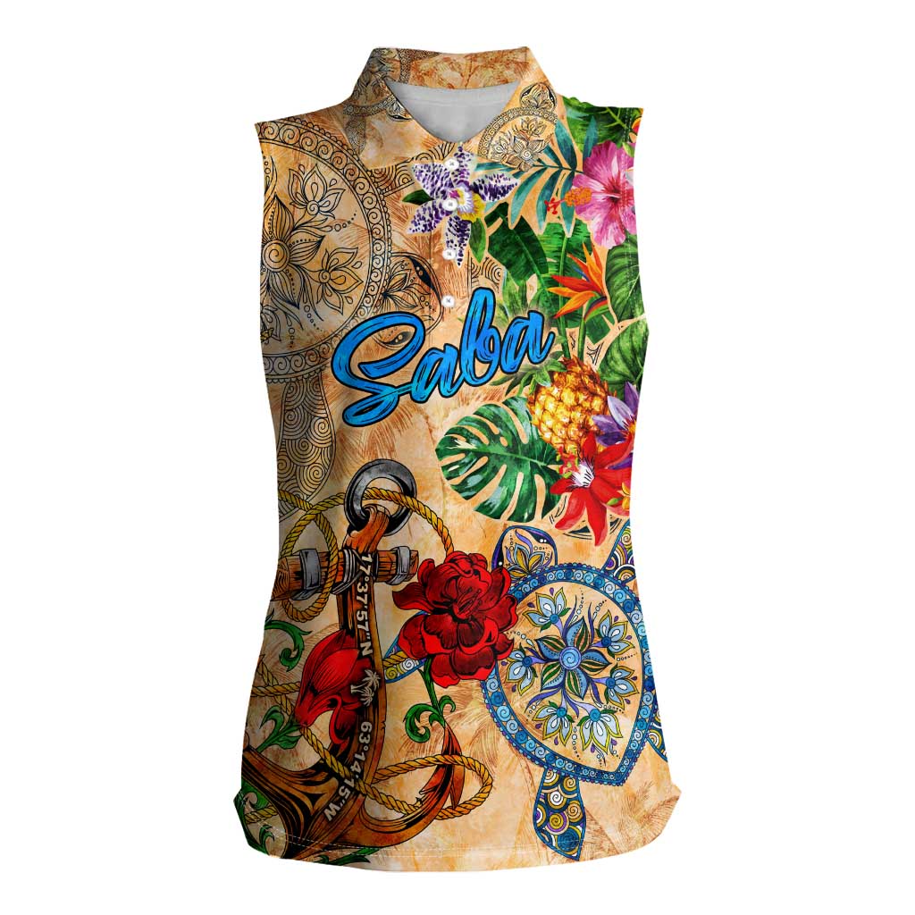 Saba Women Sleeveless Polo Shirt Geographic Coordinate Anchor - Turlte Tropical
