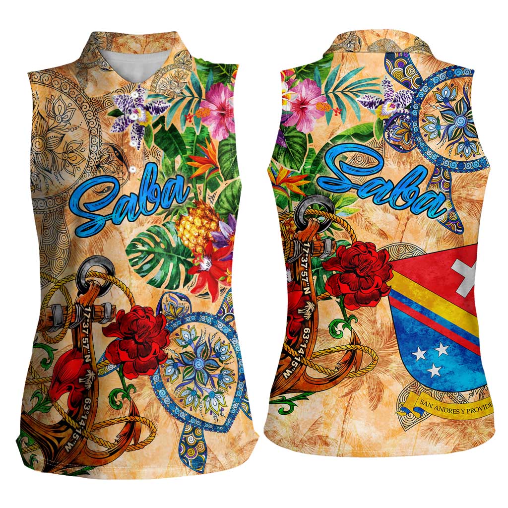 Saba Women Sleeveless Polo Shirt Geographic Coordinate Anchor - Turlte Tropical
