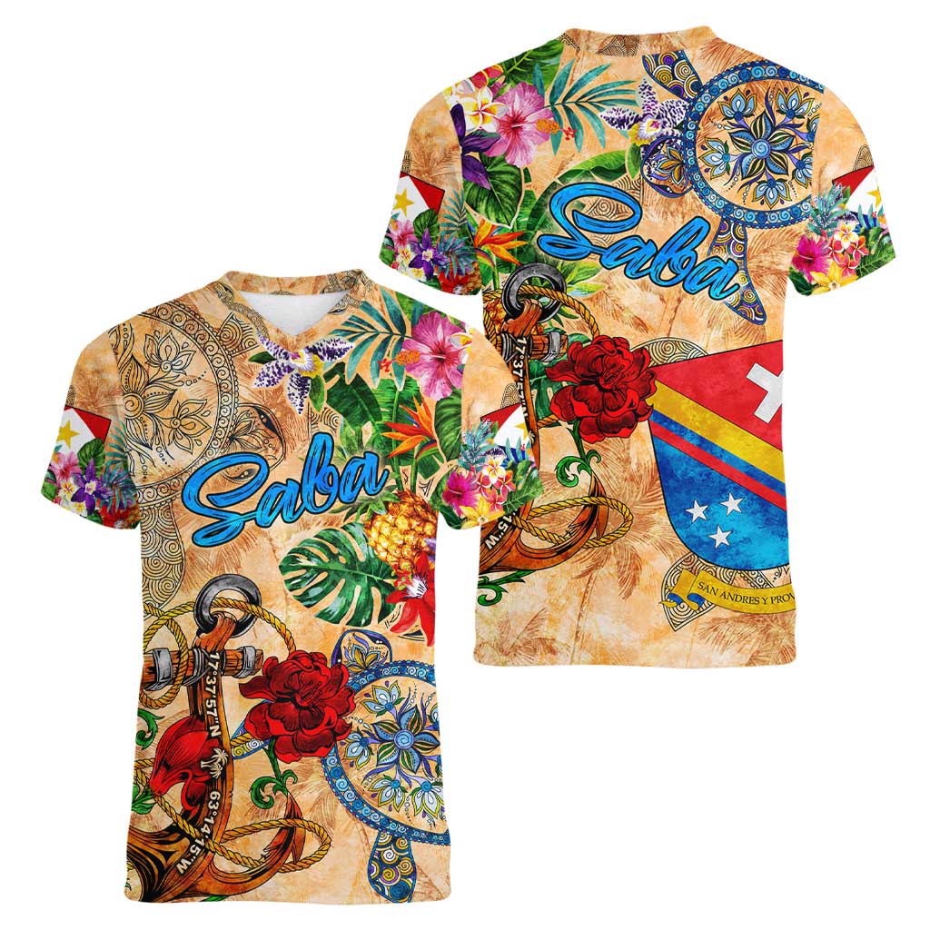 Saba Women V-Neck T-Shirt Geographic Coordinate Anchor - Turlte Tropical