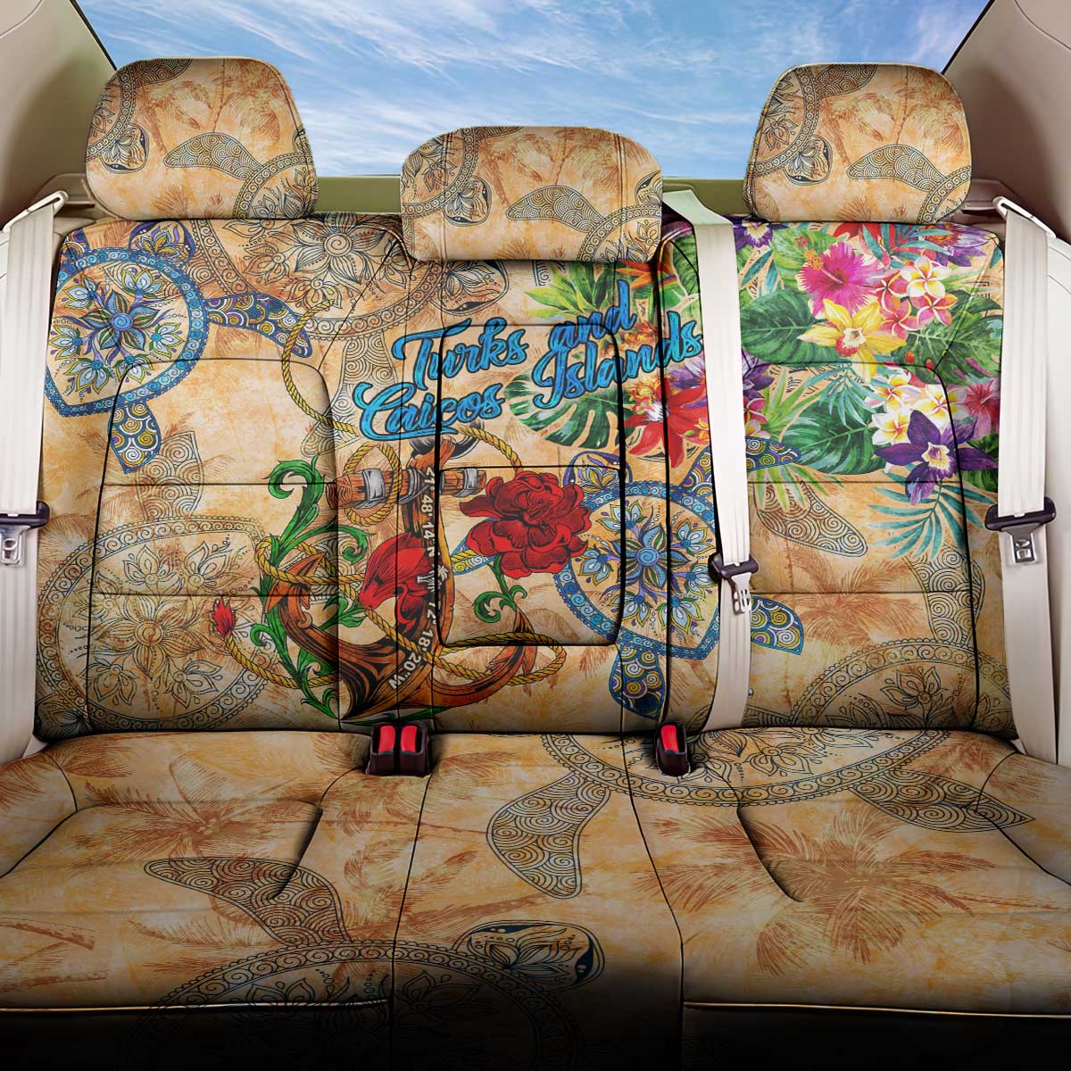 Turks and Caicos Islands Back Car Seat Cover Geographic Coordinate Anchor - Turlte Tropical