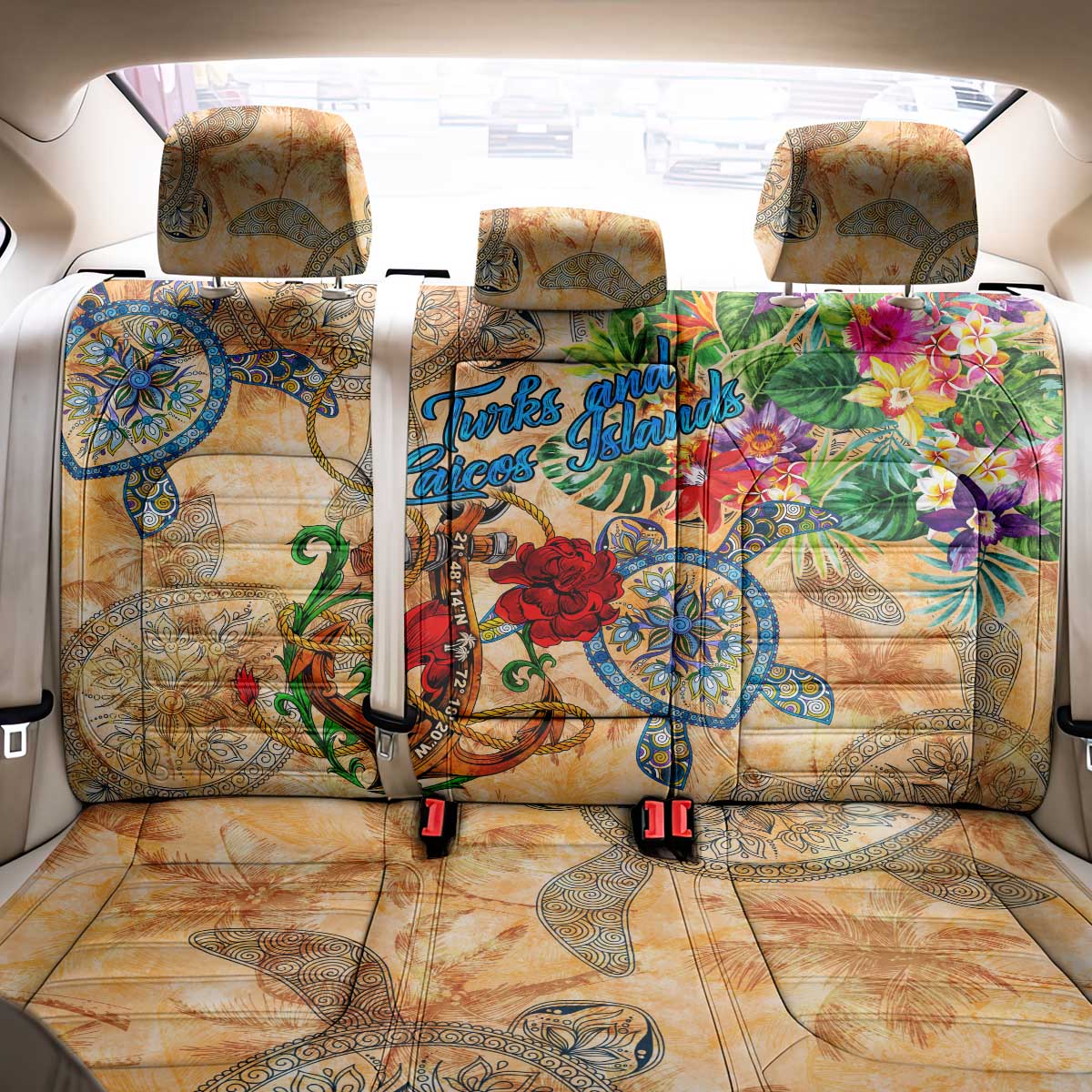 Turks and Caicos Islands Back Car Seat Cover Geographic Coordinate Anchor - Turlte Tropical