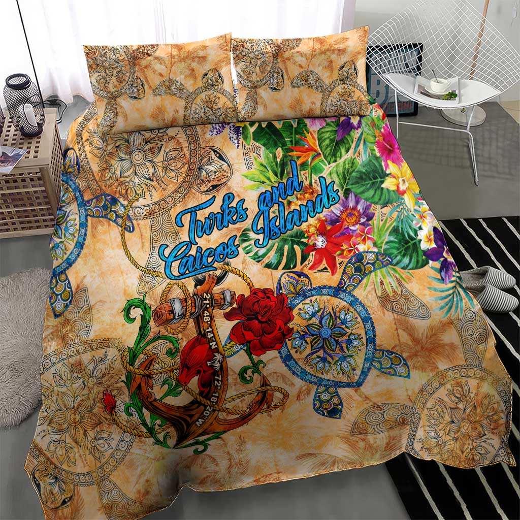 Turks and Caicos Islands Bedding Set Geographic Coordinate Anchor - Turlte Tropical