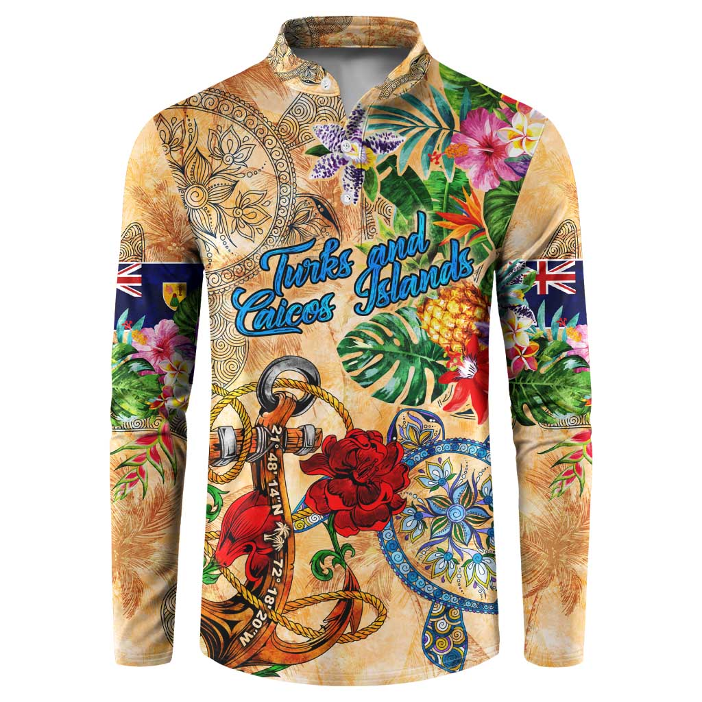 Turks and Caicos Islands Button Sweatshirt Geographic Coordinate Anchor - Turlte Tropical