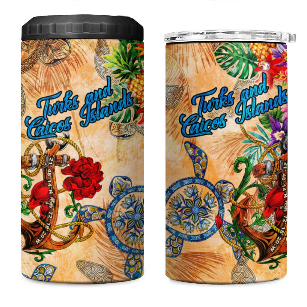 Turks and Caicos Islands 4 in 1 Can Cooler Tumbler Geographic Coordinate Anchor - Turlte Tropical